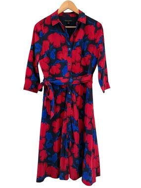 BANANA REPUBLIC FLORAL PRINT 3/4 SLEEVE MIDI DRESS Red & Navy Size 6 Petite